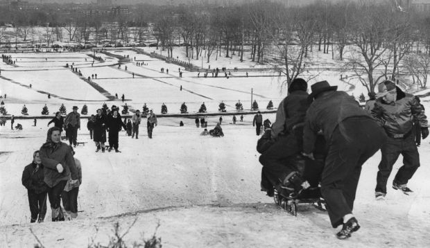 Sledding on Art Hill, 1951